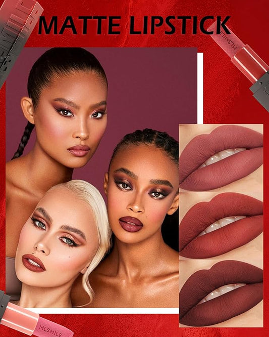 3 Pcs Matte Lipstick for Women Set, Rose Cherry Dark Red Brown Red Nude Matte Lipstick Long-Lasting Lip Makeup,Waterproof Smudge Proof Velvet Lip Gloss 24 Hours Lip Stick Lip Color Gift for Girl-Set B