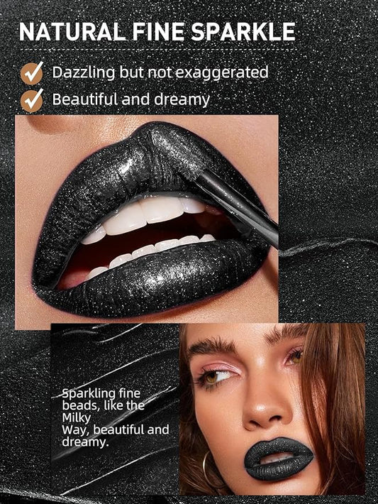 Black Glitter Lip Gloss, Diamond Shimmer Lipstick, Metallic Matte Lipstick High Pigment Waterproof Long Lasting Lipsticks, Sparkling Glossy Liquid Lipstick Lip Gloss for Women (#10 Black)