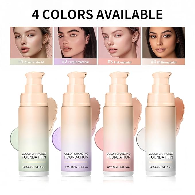 MAEPEOR Color Changing Foundation 4 Colors Lightweight Non-Greasy Hydrating Color Correcting CC Cream with Centella, Skin Corrector Foundation for Dull Skin Tone (01 Green)