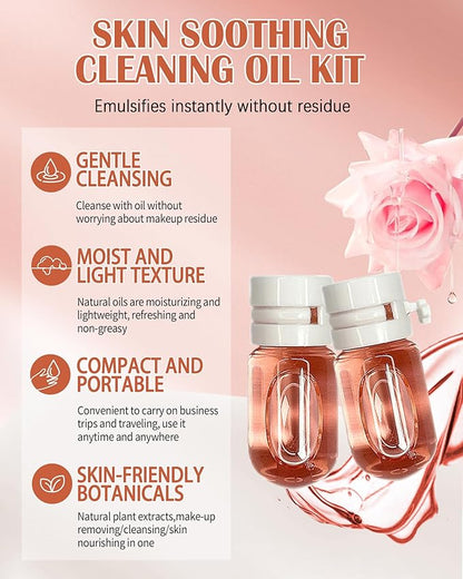 Makeup Remover Oil Portable Kit-7 Pcs Mini Travel Size Bottles Cleansing for Face,Gentle Facial Oil,Portable Skincare,Deep Cleaning without Clogging Pore,Residue-Free,for Oily & Combination skin(Pink)