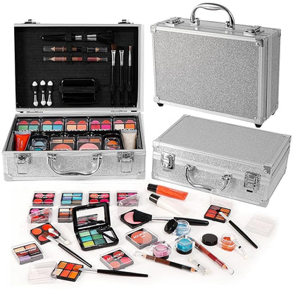 Makeup Kit for Teenager & Women Full Kit, All- In- One Makeup Set With The Cosmetic Train Case, Professional Makeup Kit, Makeup Gift Set for Women Girls(silver)