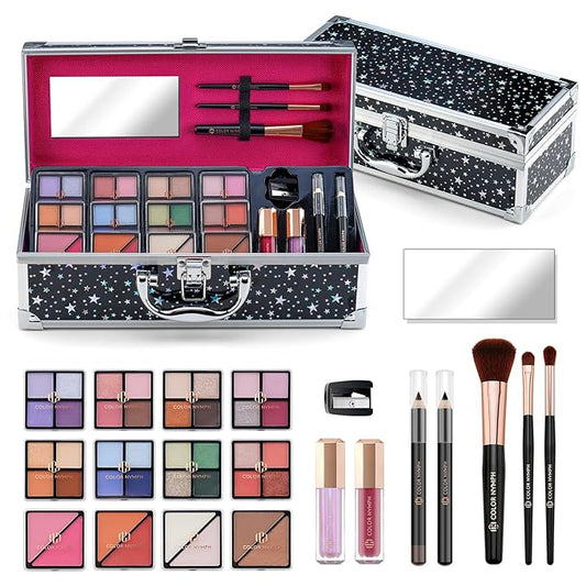 Color Nymph Beginners Makeup Kit With Train Case For Teenagers Girls, Full Starter Cosmetics Set Included 32 Colors Eyeshadow, Bronzer, Contour Powder, Blush, Highlighter, Lip Gloss (Black)