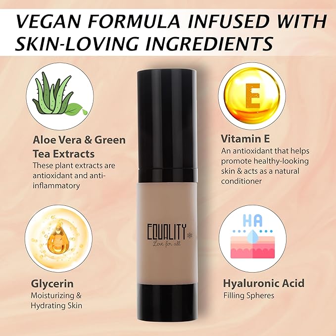 EQUALITY HI-DEF Foundation, Water resistant, Medium to Full coverage, Dewy finish non-matt, 12 hour wear Shine control, Cruelty Free, Paraben Free, 18ml/0.61 US Fl Oz - N45