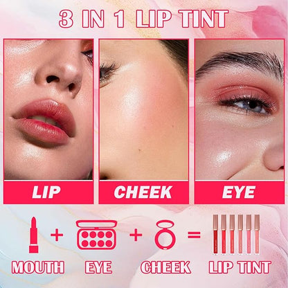 6 Colors Lip Tint Stain Set,Mini Liquid Lipstick Moisturizing Long Lasting Plumping High Pigmented Lip Gloss Set,Lightweight Non-Stick Cup Matte Lipstick for Waterproof Cheek and Lip Tint Makeup D
