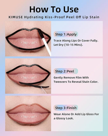 KIMUSE Lip Stain Peel Off, Lip Stain & Liner All In One, Peel Off Lipstains With Tweezer, Waterproof, Long Lasting, Natural Matte Finish