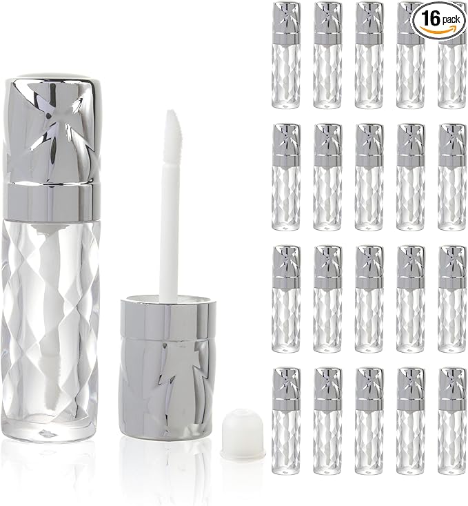 COSIDEA 16pcs Round 5ml 0.17oz silver Empty lip gloss tubes with wand prismatic Lipgloss tube containers for lip oil packing