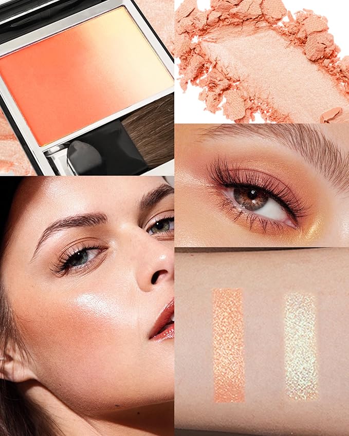 Shimmer Orange Blush for Cheek, Multiuse Baked Powder Blush Palette for Blusher&Highlighter&Eyeshadow, Lightweight Long-Lasting High Glossy Finish, Blendable Gradient Blusher, Makeup Gift for Women-06