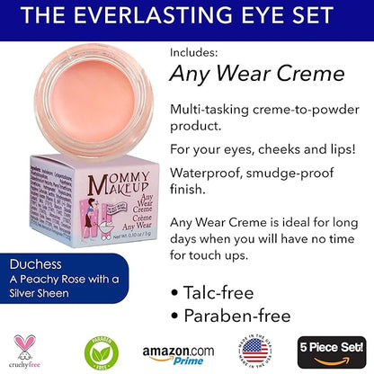 The Everlasting Eye 5 Piece Waterproof Makeup Set. Gel Eyeliner, Creme Eyeshadow, 2 brushes and Mesh Bag. Paraben-free, Talc-free, Cruelty-free. Duchess/Black Orchid 1708
