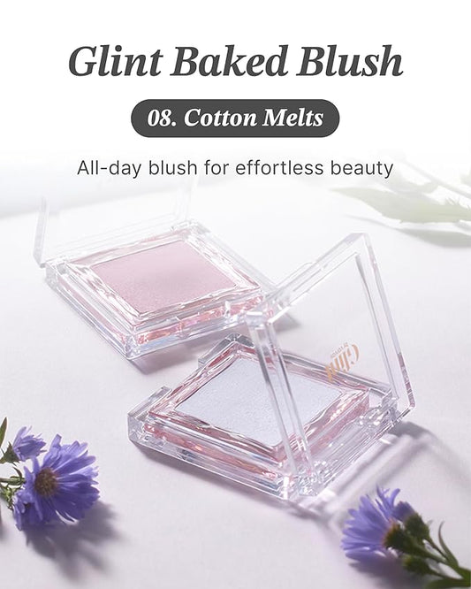 Glint Baked Blush (Cotton Melts, 0.08oz) - Long-Lasting, All-Day Face Blush Powder for a Natural Look. Korean Skin Care, Korean Makeup. Blendable Color for Eyes, Cheeks & Body.