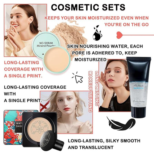 Mushroom Head Air Cushion CC Cream Full Coverage Liquid Foundation,Oil Control Concealer Lasting Moisturizing BB Cream,Loose Setting Face Powder Moisturizer Base Primer Makeup with Makeup Sponge