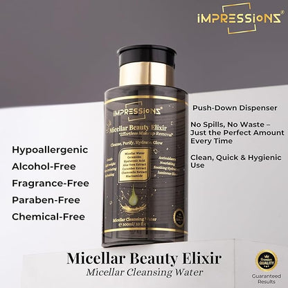 ImpressionZ Premium 300ml Micellar Water Makeup Remover | Gentle, Non-Sticky & Hypoallergenic Make Up Remover Liquid for All Skin Types | Fragrance-Free Micellar Cleansing Water | Hydrates & Soothes