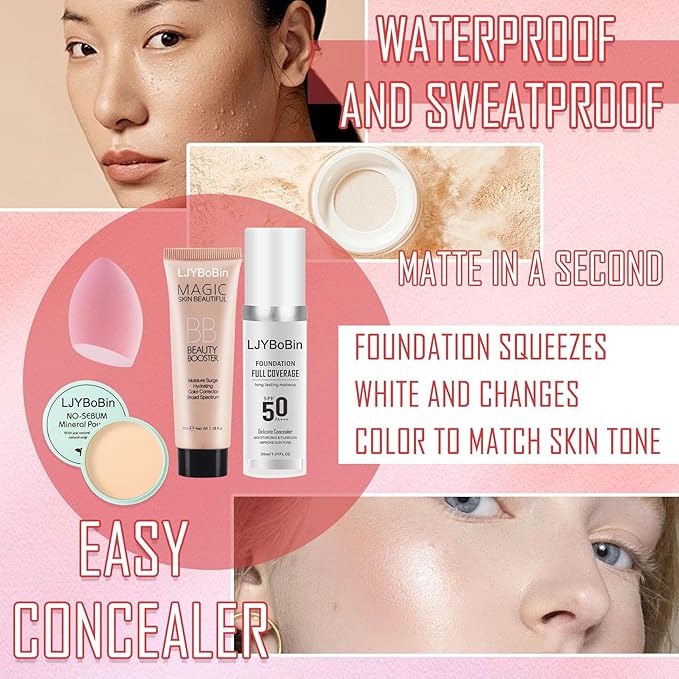 4PCS Full Coverage Foundation Set,Waterproof Long Lasting Moisturizing Color Changing Foundation,Hydrating BB Cream,Translucent Matte Loose Setting Powder Face Base Makeup Set with Makeup Sponge