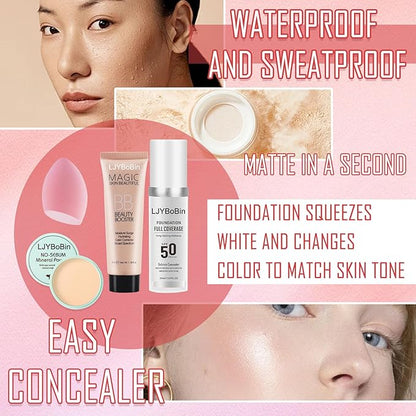 4PCS Full Coverage Foundation Set,Waterproof Long Lasting Moisturizing Color Changing Foundation,Hydrating BB Cream,Translucent Matte Loose Setting Powder Face Base Makeup Set with Makeup Sponge