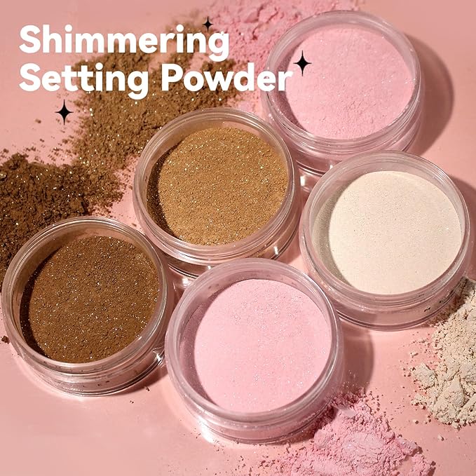 Pink Translucent Setting Powder, Shimmer Setting Powder Waterproof Oil Control Tone-up Face Powder Highlighter Makeup Finishing Long-Lasting Loose Shimmer Powder for All Skin Types