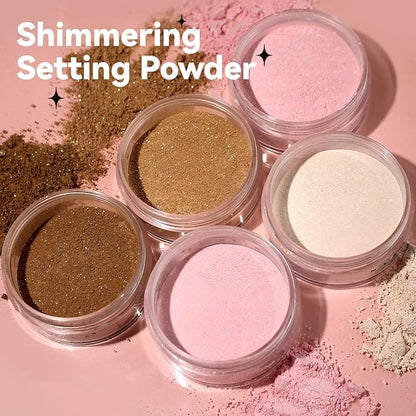 Pink Translucent Setting Powder, Shimmer Setting Powder Waterproof Oil Control Tone-up Face Powder Highlighter Makeup Finishing Long-Lasting Loose Shimmer Powder for All Skin Types