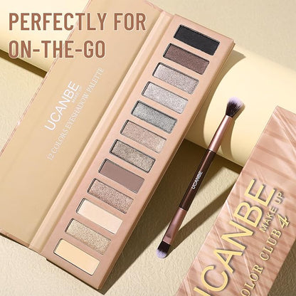 UCANBE 12 Color Eyeshadow Makeup Palette, Naked Nude Eye Shadow, Neutral Matte Shimmer Make Up Pallet with Double-ended Brush Set Kit, Highly Pigmented Long Lasting Waterproof