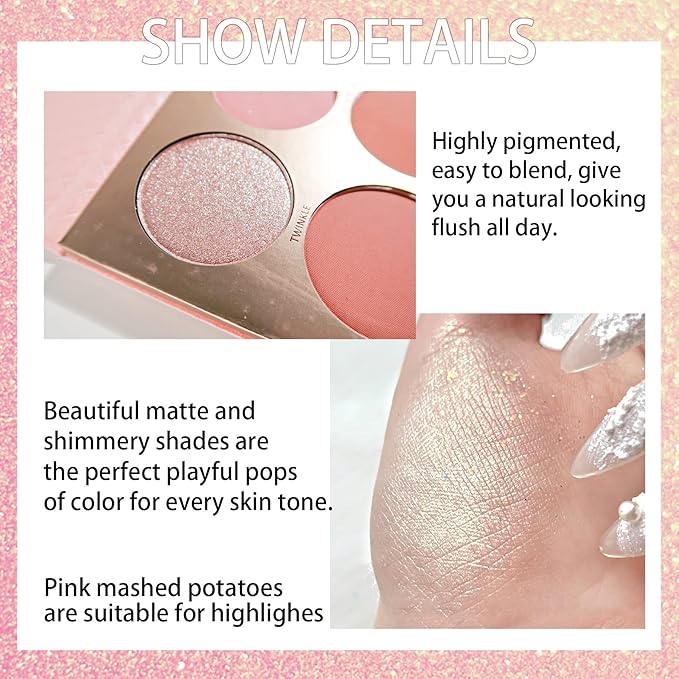 Multicolour Lasting Brightening Glow Blush Powder 3 In 1 Blush Highlighter Eyeshadow Makeup Sweat-Resistant Non-Greasy Shimmery Matte 6 Colors Natural Blusher Palette # A