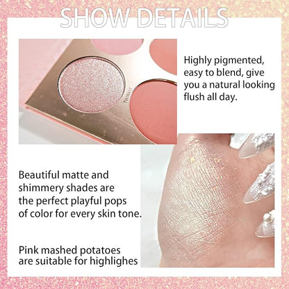 Multicolour Lasting Brightening Glow Blush Powder 3 In 1 Blush Highlighter Eyeshadow Makeup Sweat-Resistant Non-Greasy Shimmery Matte 6 Colors Natural Blusher Palette # A