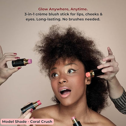 Cream Blush Stick – Buildable Pigmented - Cheeks, Lips & Eyes – Hydrating w. Shea Butter, Vit-E, Hyaluronic Acid & Squalane, Multi-Purpose, Summer Glow, Peach (Coral Crush, Regular)