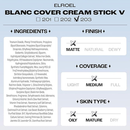 BLANC Cover Cream Stick V - Korean Color-Changing Foundation with Detachable Brush - Full to Medium Coverage Base Makeup (203 Medium, 0.45 oz)