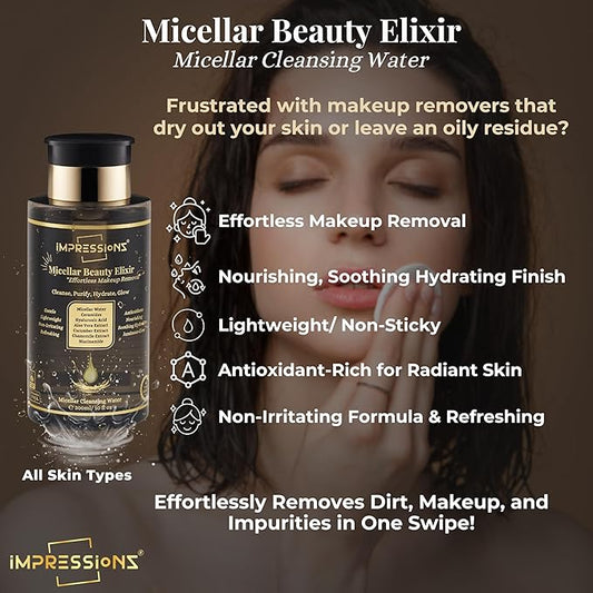 ImpressionZ Premium 300ml Micellar Water Makeup Remover | Gentle, Non-Sticky & Hypoallergenic Make Up Remover Liquid for All Skin Types | Fragrance-Free Micellar Cleansing Water | Hydrates & Soothes