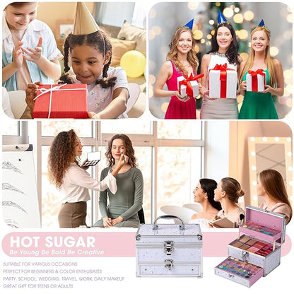 Hot Sugar Makeup Kit for Teen Girls, Kids Makeup Set for Girls Includes Eyeshadow, Lip Gloss, Blush, Highlighter, Bronzer, Lip Pencil, Eye Pencil, Brush and Makeup Box (WHITE)
