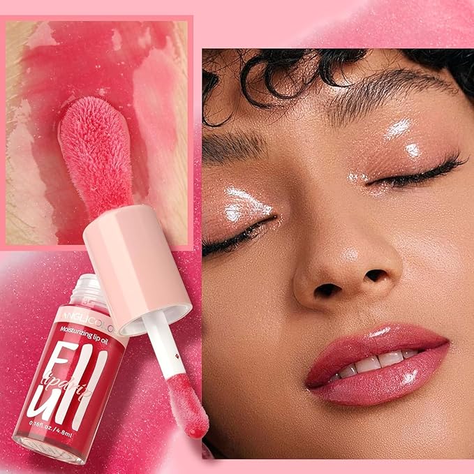 2PC Lip Oil and Metallic Glitter Pink Lipstick,Natural Lip Plumper,Fruit Flavoured Lip Oil,For Dry Lip's Moisturizing Hydrating,Vegan & Cruelty-free (03 Aphrodite+15)