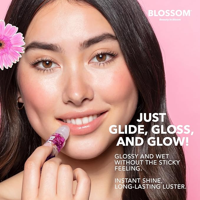 Blossom Roll on Lip Gloss, Scented Clear High Shine Moisturizing Lip Oil, Non Sticky, Infused with Real Flowers, Made in USA, 0.2oz, Juicy Peach