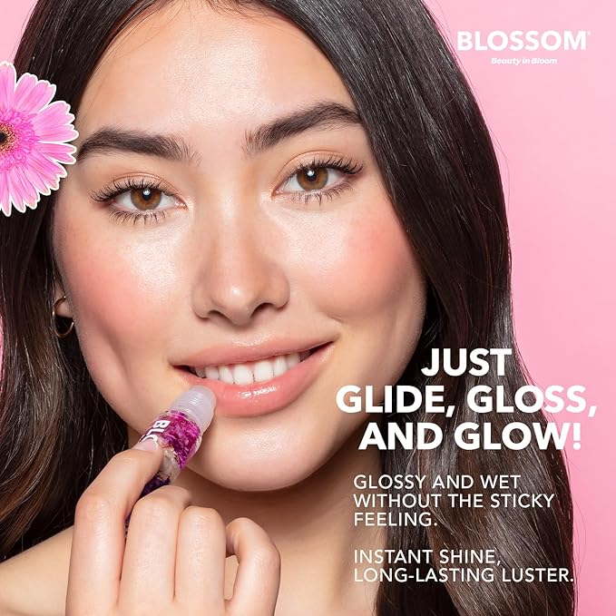 Blossom Roll on Lip Gloss, Scented Clear High Shine Moisturizing Lip Oil, Non Sticky, Infused with Real Flowers, Made in USA, 0.2oz, Pineapple