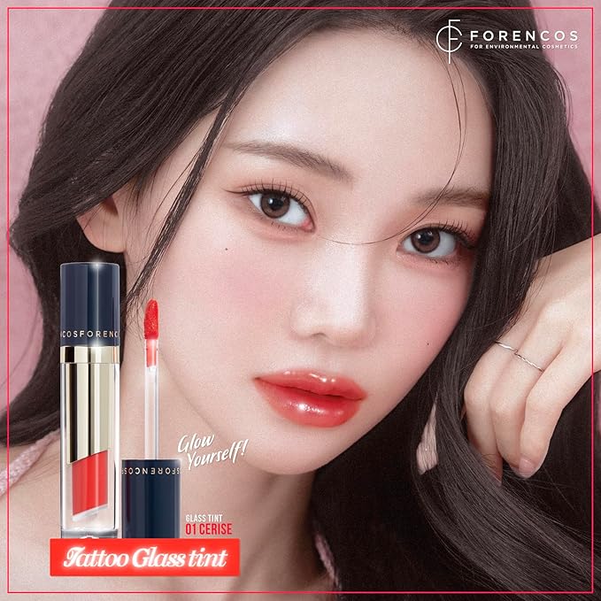 FORENCOS Tattoo Glass Lip Gloss Tint, Korean Glossy Tint/Stain, High Pigmentation, Glasting Shine, Long Lasting, Moisturizing, Lightweight, Non-Sticky Formula (01 Cerise)