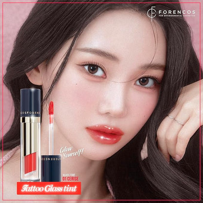FORENCOS Tattoo Glass Lip Gloss Tint, Korean Glossy Tint/Stain, High Pigmentation, Glasting Shine, Long Lasting, Moisturizing, Lightweight, Non-Sticky Formula (01 Cerise)