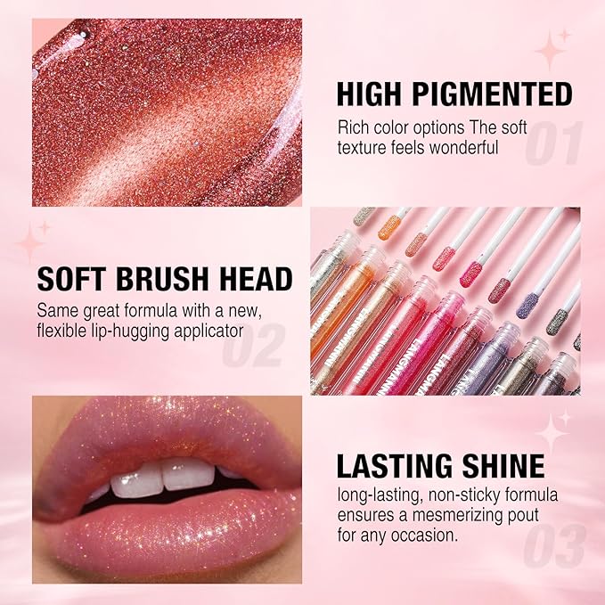 LANGMANNI 2 Colors Diamond Glitter Lip Gloss Set,Long Lasting High Shine Shimmer Liquid Lipstick Set,Hydrating,Moisturizing Lip Gloss Kit Gift Makeup For Girls(#03+04)
