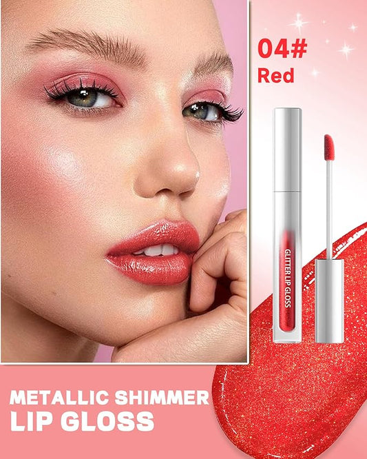 Red Metallic Liquid Lipstick, Non-Stick Cup Glitter Lip Gloss, High Pigmented Lip Color with Transfer-proof Wear, Long Lasting Waterproof Shimmer Sparkly Lipstick Cosplay Makeup for Women-04