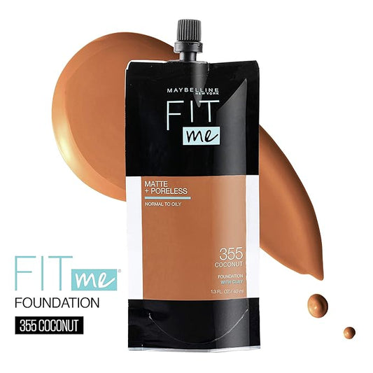 Maybelline New York Fit Me Matte + Poreless Liquid Foundation, Pouch Format, 355 Coconut, 1.3 Ounce