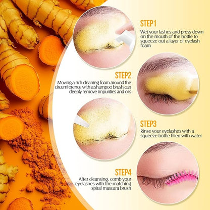 Lash Shampoo for Lash Extensions 60 Ml/2fl.oz Eyelash Extension Cleanser Oil Free Lash Cleanser for Eyelash Care, Gentle Foaming Eyelash Shampoo with Brush for Salon Home Care (Turmeric 60ml)