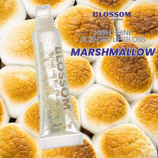Blossom Lip Gloss Tubes, Marshmallow Scented Thick Clear High Shine Moisturizing Flower Lip Gel with Nourishing Jojoba Seed Oil, Infused with Real Flowers, 0.3oz, Marshmallow