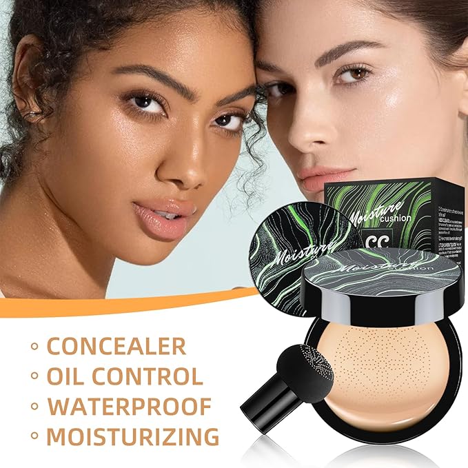 Mushroom Head Air Cushion CC Cream - BB Cream Foundation Makeup Moisturizing Concealer Long-Lasting, Cushion Foundation Full Coverage Self Adjusting for Mature Skin & All Skin Types (Dark Brown)