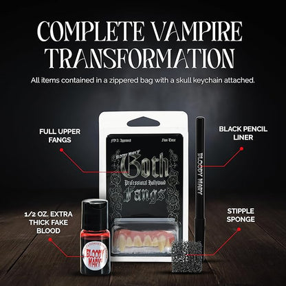 Vampire SFX Makeup Kit - Deluxe Wicked Bite Special Effects Face Makeup with 1/2 Oz. Extra Thick Fake Blood, Black Pencil Liner, Vampire Fangs and Stipple Sponge for Halloween or Stage - Bloody Mary