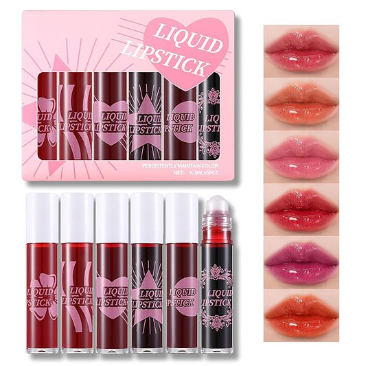 6 Colors Roll on Lip Tint Stain Set, Watery Vivid Color Waterproof Long Lasting Lip Gloss, Non-Stick Cup High Pigment Korean Liquid Lipstick Set, Multi-Use Lip and Cheek Tint Makeup