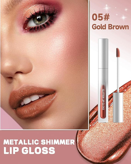 Gold Brown Metallic Liquid Lipstick, Non-Stick Cup Glitter Lip Gloss, High Pigmented Lip Color with Transfer-proof Wear, Long Lasting Waterproof Shimmer Sparkly Lipstick Cosplay Makeup for Women-05