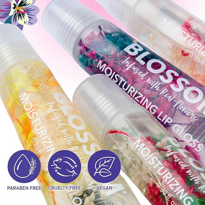 Blossom Lip Gloss Tubes, Raspeberry Scented Thick Clear High Shine Moisturizing Flower Lip Gel with Nourishing Jojoba Seed Oil, Infused with Real Flowers, 0.3oz, Raspberry