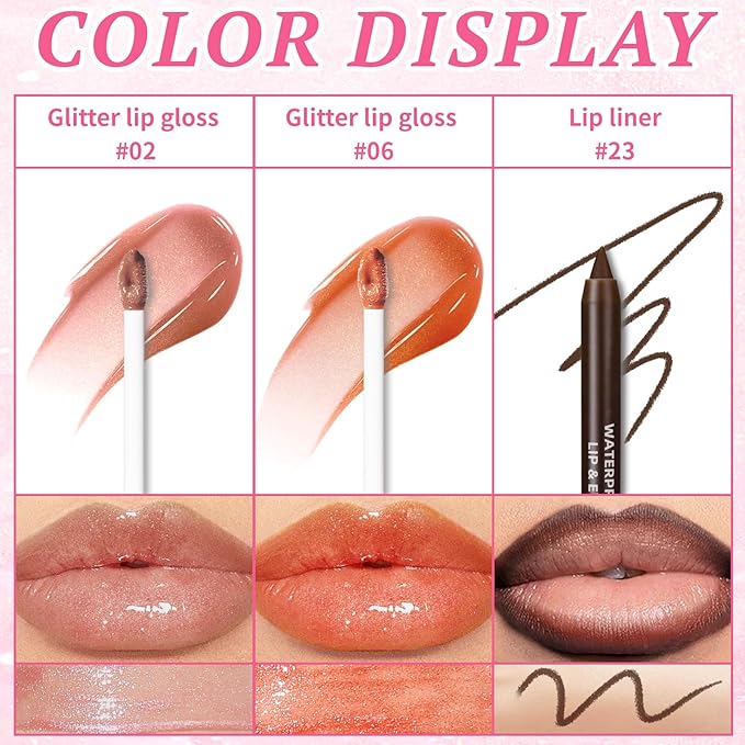 2 Colors Glitter Lip Gloss with Brown Lip Liner Combo for Women, Hydration Plumping Shimmer Natural Nude Tinted Lip Glow Oil Moisturizing Long Lasting High Shine Mini Liquid Lipstick
