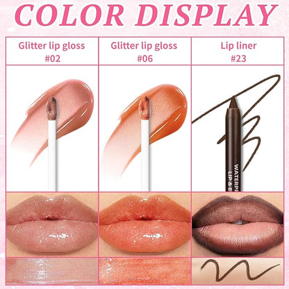 2 Colors Glitter Lip Gloss with Brown Lip Liner Combo for Women, Hydration Plumping Shimmer Natural Nude Tinted Lip Glow Oil Moisturizing Long Lasting High Shine Mini Liquid Lipstick
