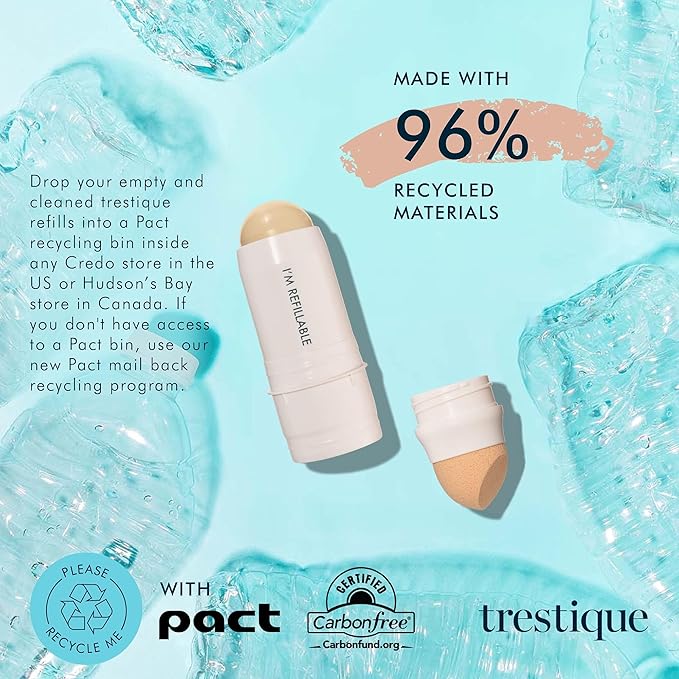 Trestique Refillable Face Stick Foundation with Built-In Sponge, Clean Beauty Medium Coverage Sustainable Makeup