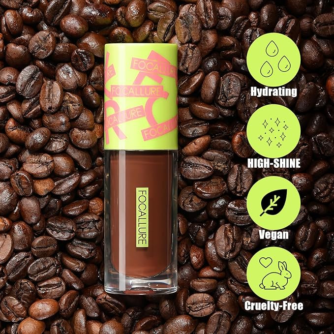 FOCALLURE Lip Oil - Moisturizing, Hydrating Lip Gloss with Non-Sticky, Long Lasting Glow - Tinted Balm for Dry Lips - Drip Coffee Flavored