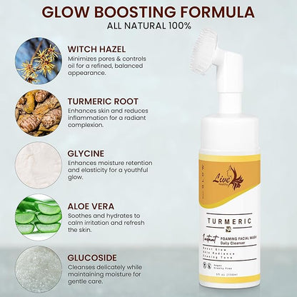Live Healthy Turmeric Foaming Face Wash - Turmeric Face Wash with Brush, Deep Cleansing, Gentle, Facial Cleanser, Makeup Remover, Natural Formula for Acne, Blackhead & Oil Control, Hydrating -150ml