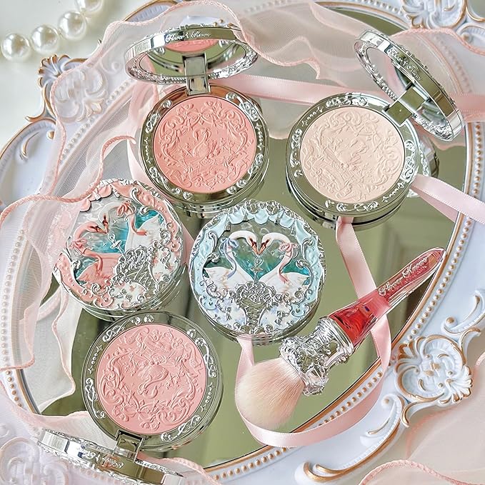 Flower Knows Swan Ballet Embossed Blush,Translucent Matte Finish,Buildable & Blendable Powder Blush for cheeks,Pressed Setting Powder,Natural Flush for All Skin Tones(01 Niveous Swan,5g)