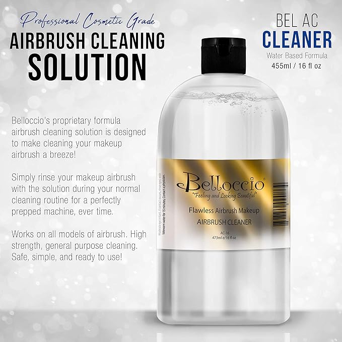 16 Ounce Bottle of Belloccio Makeup Airbrush Cleaner - Fast Acting Cleaning Solution, Quickly Cleans Flushes Out Airbrush Makeup Foundation, Blush, Highlighter - Clean Cosmetic Makeup Brushes, Paint