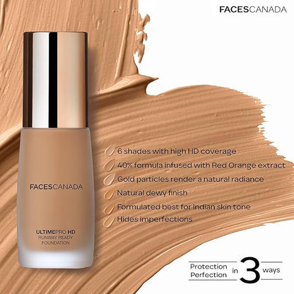 Faces Canada HD Runway Ready Foundation, Red Orange Extract & Gold particles, High Coverage, Oil-Free, Flawless Radiance, Vegan & Cruelty Free, Paraben Free, Almond Beige 06 (Beige), 1.01 Fl Oz