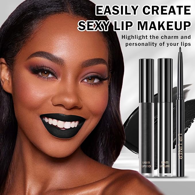 Black Lipstick and Lip Liner Set Lip Kit,3 in 1 Velvet Black Lipstick Halloween Matte Black Liquid Lipstick Lip Gloss with Black Lip Pencil,Hydrating Lip Stain Lip Makeup（Black Magic）